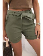 Dámske šortky s mašľou a volánikmi khaki