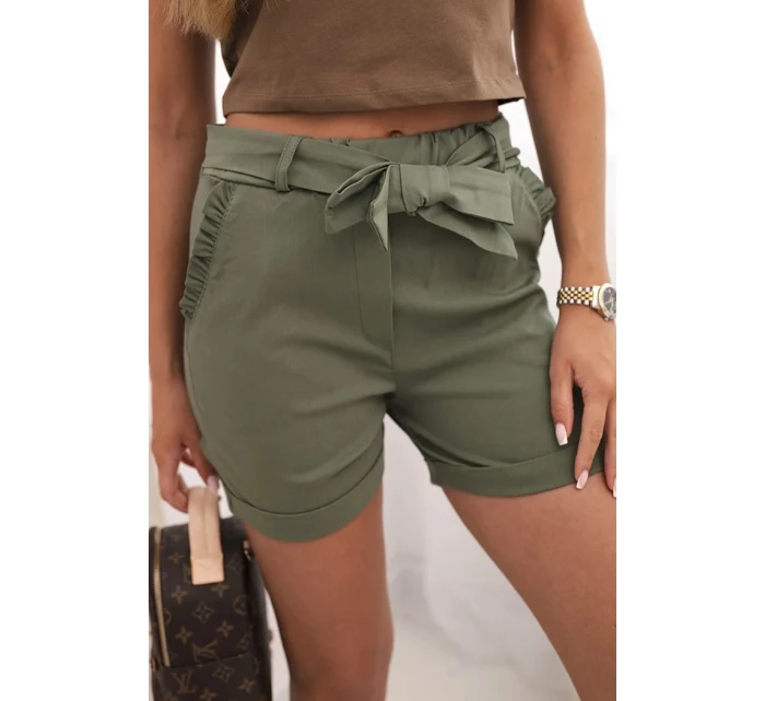 Dámske šortky s mašľou a volánikmi khaki