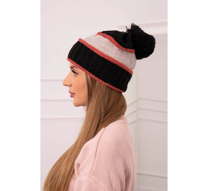 Dámska čiapka Kinga K297 čierna+tmavo ružová+béžová