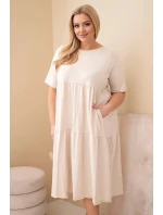Dámské bavlněné šaty Plus Size s krátkým rukávem a volánem béžová
