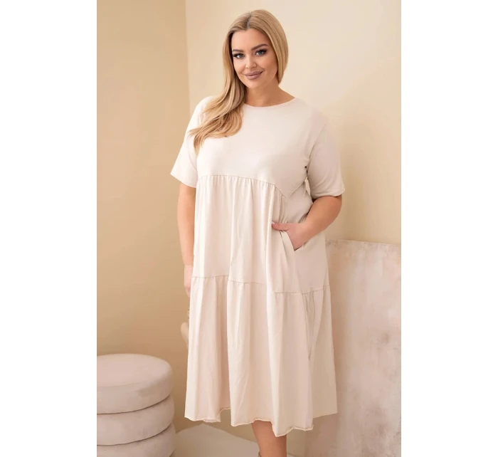 Dámské bavlněné šaty Plus Size s krátkým rukávem a volánem béžová