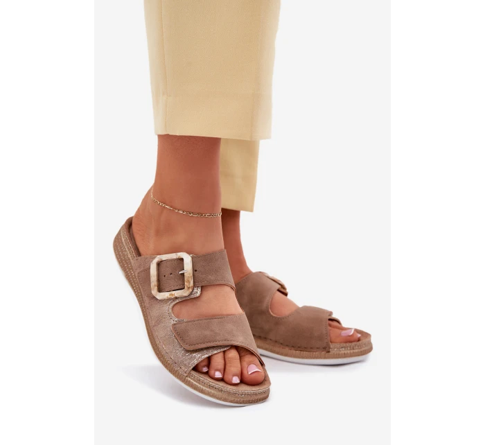 Klapki Damskie Z Klamrą I Rzepem INBLU MK000013 Brązowe