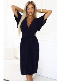 607-3 Plisované midi šaty LYRA s obálkovým výstrihom a širokým opaskom - ZELENÉ