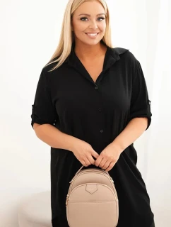 Dámske plus veľkosť košeľové šaty s dlhším chrbtom a vyhrnutými rukávmi čierne