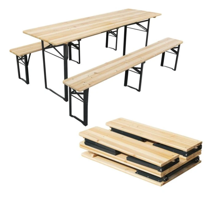 PIKNIKOVÝ BAROVÝ SET DREVENÝ STÔL A 2 LAVICE SKLADACIE