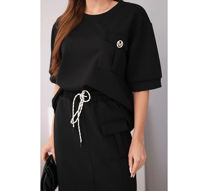 Dámsky maslový set s blúzkou a midi sukňou čierny