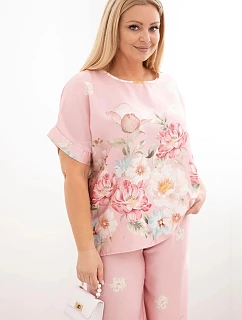 Dámský komplet Plus Size s halenkou a kalhotami s květinovým vzorem a širokými nohavicemi pudrově růžová