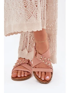 Sandały Damskie Na Płaskim Obcasie Ze Złotymi Ćwiekami Różowe Zanira