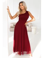 model 21798969 Dlouhé třpytivé večerní šaty na jedno rameno vínové - numoco basic