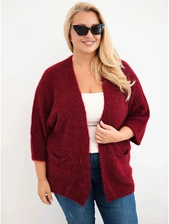Dámský svetr Plus Size s kapsami bez zapínání vínová