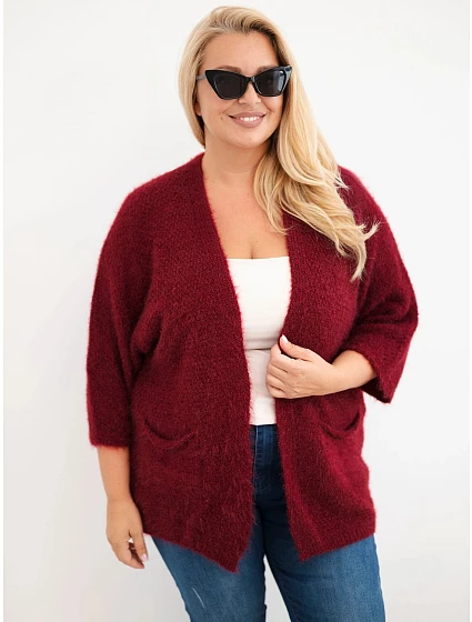 Dámský svetr Plus Size s kapsami bez zapínání vínová Dámský svetr Plus Size s kapsami bez zapínání vínová