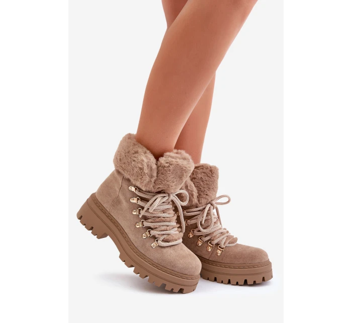 Sznurowane Trapery Damskie Z Futerkiem Ciemnobeżowe Vaminia Sznurowane Trapery Damskie Z Futerkiem Ciemnobeżowe Vaminia