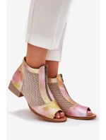 Skórzane Botki Damskie Na Płaskim Obcasie Z Odkrytymi Palcami Maciejka 06413-15 Różowo-Pomarańczowe