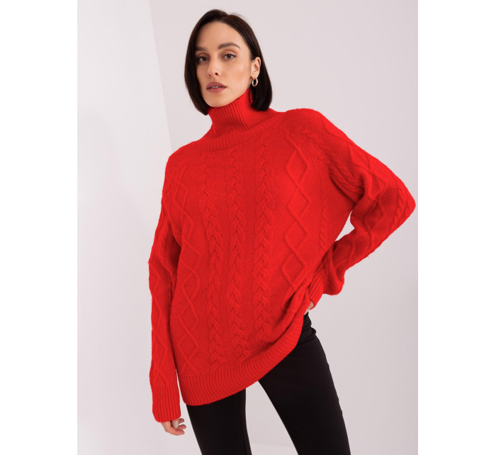 Červený voľný dámsky sveter s káblami
