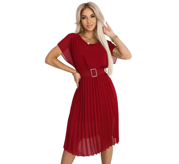 465-5 MIA Plisované šifónové midi šaty so širokým opaskom - Bordeaux 465-5 MIA Plisované šifónové midi šaty so širokým opaskom - Bordeaux