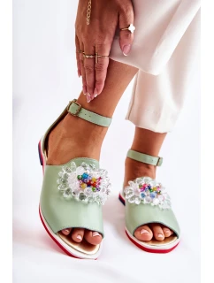 Damskie Skórzane Sandałki Z Ozdobą Zielone Nevassa
