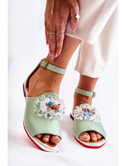 Damskie Skórzane Sandałki Z Ozdobą Zielone Nevassa Damskie Skórzane Sandałki Z Ozdobą Zielone Nevassa