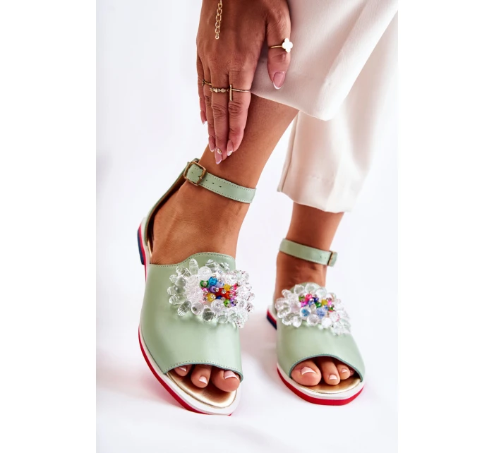Damskie Skórzane Sandałki Z Ozdobą Zielone Nevassa Damskie Skórzane Sandałki Z Ozdobą Zielone Nevassa