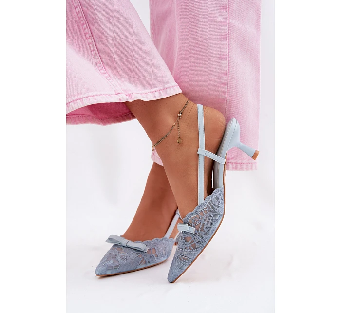 Dámské krajkové sandály na podpatku s mašlí Modré model 22107296 - Boto Dámské krajkové sandály na podpatku s mašlí Modré model 22107296 - Boto