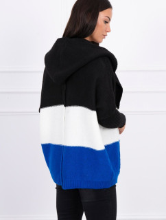 Trojfarebný sveter s kapucňou čierna+ecru+fialovo-modrá