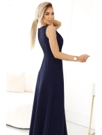 634-1 MIRA elegantné maxi šaty s obálkovým výstrihom a rozparkom na nohách - tmavomodré