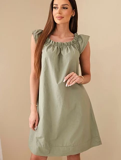 Dámske bavlnené šaty s volánovým výstrihom a volánom khaki
