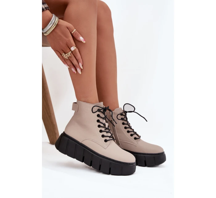 Skórzane Ocieplane Botki Damskie Na Platformie Vinceza 66803 Beżowe