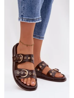 Dámské pantofle se zlatými přezkami kůže čokoládové model 21943360 - Boto