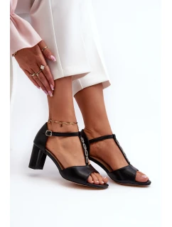 Sandały Damskie Na Słupku Z Ozdobnym Paskiem Eko Skóra Czarne Triavera