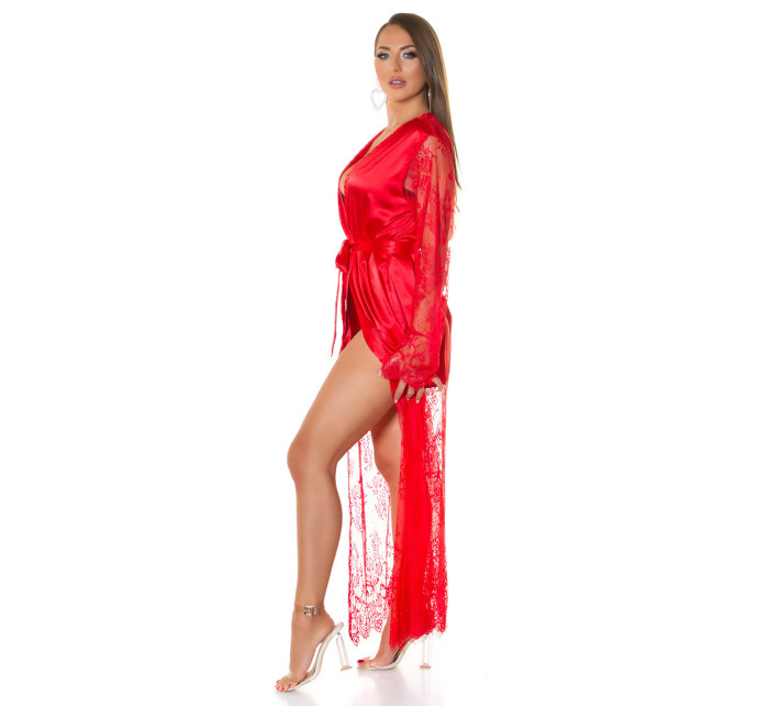 Sexy satin look dressing gown with lace