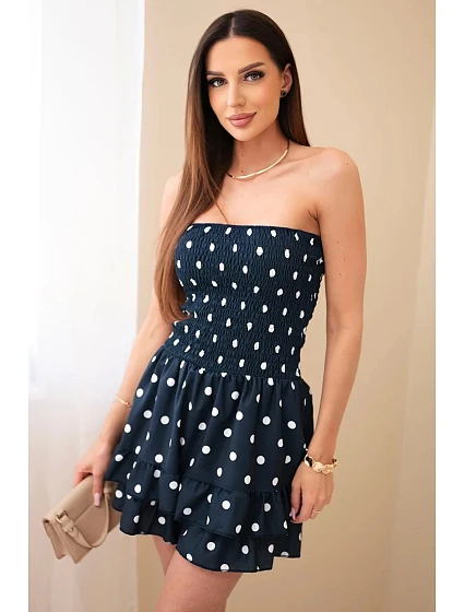 Dámsky viskózový overal s bodkami a volánom tmavomodrý