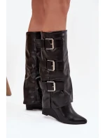 Dámské kozačky na platformě s ohnutým horním lemem a stříbrnými přezkami Černé Sarisse
