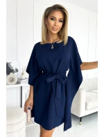 SOFIA Tmavě modré dámské šaty se zavazováním v pase model 17911531 - numoco