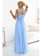 672-1 Romantické svadobné maxi šaty s vyšívanou čipkou a tylom - modré 672-1 Romantické svadobné maxi šaty s vyšívanou čipkou a tylom - modré