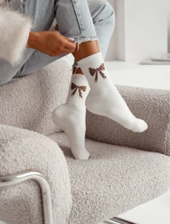 Dámske froté ponožky s bodkovanou mašľou - ecru