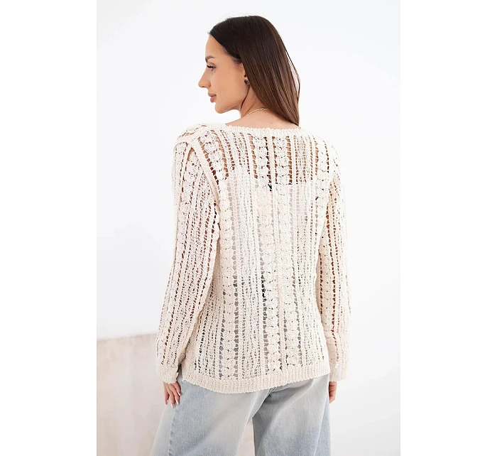 Dámsky bavlnený a čipkovaný sveter s výstrihom do V v béžovej farbe