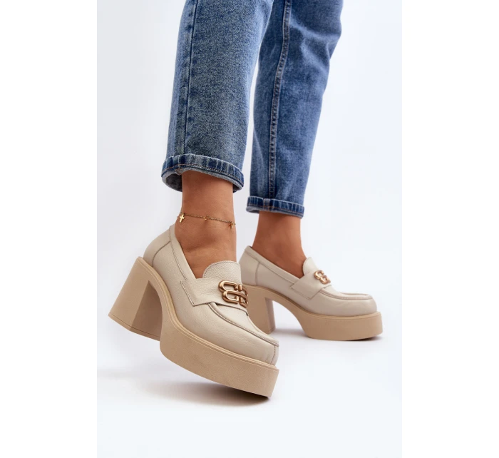 Zazoo 20170 Półbuty Skórzane Damskie Na Słupku Jasnobeżowe