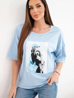 Dámská bavlněná oversize halenka s krátkým rukávem a model 22042992 potiskem modrá - K-Fashion