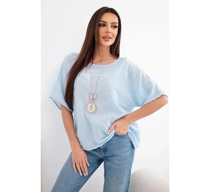Dámska bavlnená blúzka oversize s krátkymi rukávmi modrá