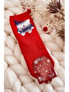 Młodzieżowe Skarpety Gładkie Z Misiem Czerwone