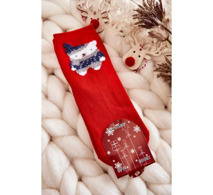 Młodzieżowe Skarpety Gładkie Z Misiem Czerwone