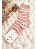 Damskie Ciepłe Skarpety W Paski Z Misiem Różowe