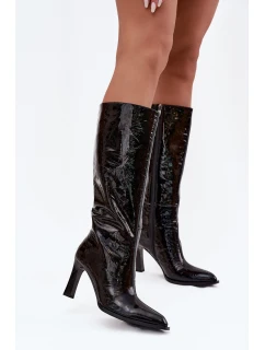 Zdobené Lakované Kozačky Dámské Na Podpatku model 21713951 Černé - D&A