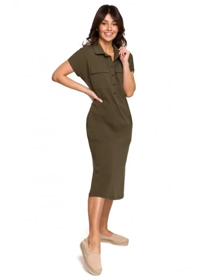 B222 Safari šaty s vreckami a chlopňou - khaki