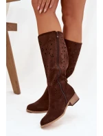 Dámske perforované čižmy na podpätku Helinna - chocolate