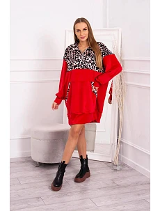 Velúrové šaty s leopardím vzorom 22672 červené - Kesi