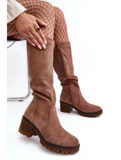 Kozaki Damskie Przed Kolano Na Niskim Obcasie Brązowe Beveta