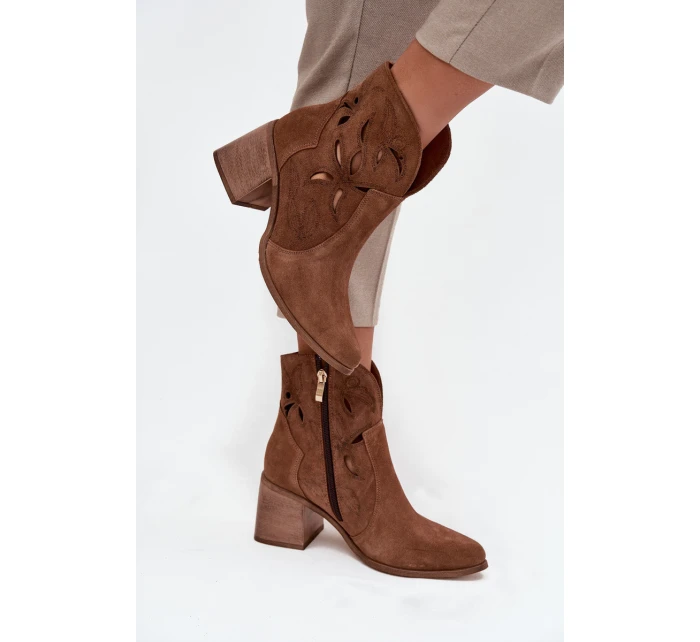 Botki Damskie Ażurowe Z Naturalnego Zamszu Na Słupku Zazoo 3690 Brązowe