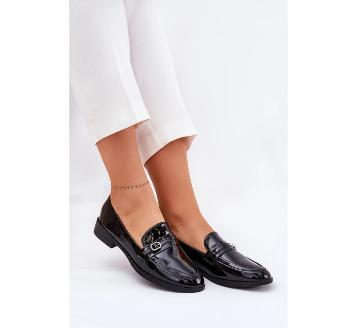 Lakierowane Mokasyny Damskie Z Ozdobną Sprzączką Czarne Mollan