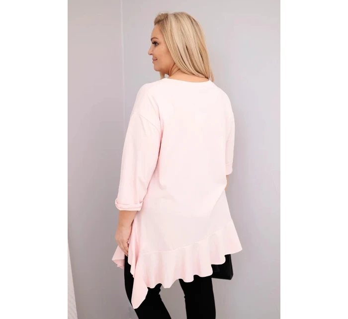 Dámská blůza Plus Size s bavlnou, volánkem a ohrnutým rukávem pudrově růžová